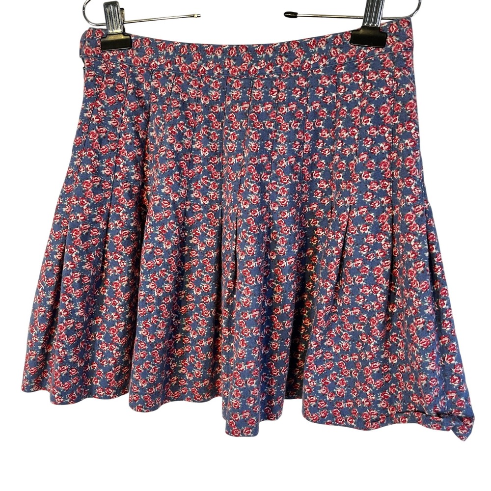 Vtg Pleated Mini Skirt Women's Sz 14 Floral Roses Multi Pink Blue Side‎ Zip - Picture 5 of 6